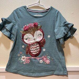 Isaac Mizrahi. Girls Owl shirt w/ Ruffled Sleeves. Sz 5/6.